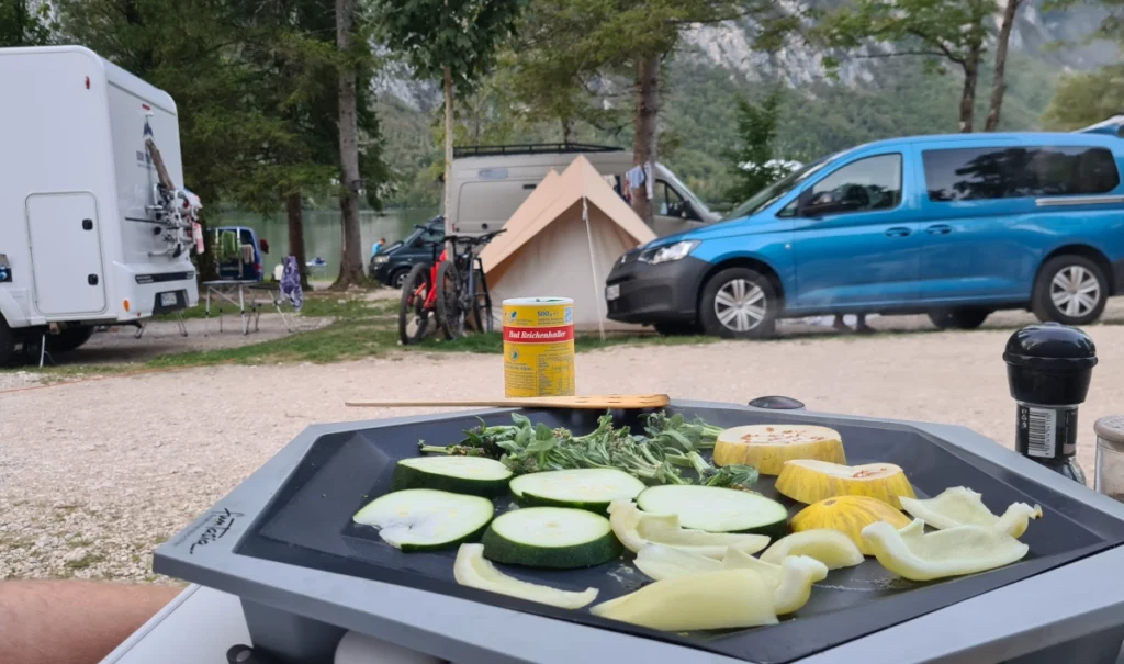 Elektrogrill mit Gemüse auf Campingplatz in Slowenien