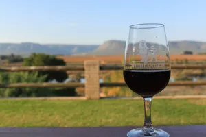 Weinverkostung in Cederburg Südafrika, Weinglas mit Panorama Aussicht